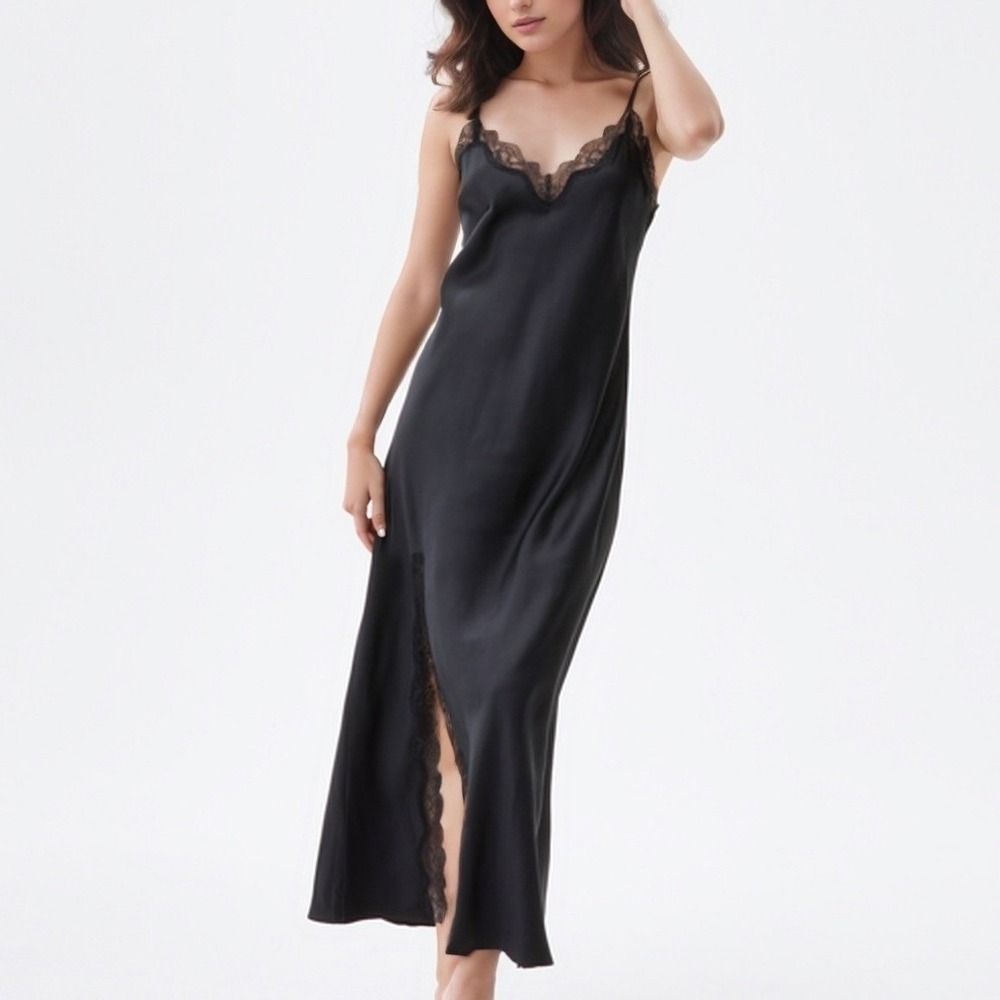 INC International Concepts Women Nightgown XL Black Satin Lace Slip Dress NWT‎